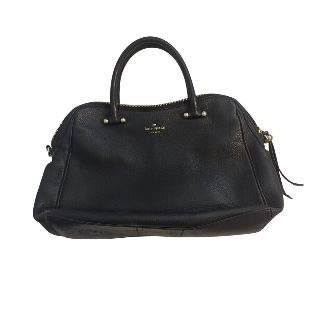 Kate Spade Black Pebbled Leather‎ Satchel Handbag Gold Hardware Striped Lining